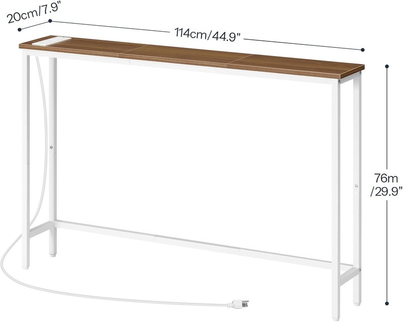 HOOBRO Narrow Console Table with Power Outlets, 44.9 Inches Sofa Table, Slim Behind Couch Table, Entryway Table with Display Shelf, for Living Room, Foyer, Hallway, Walnut and White WH114UXG01 - Image 3
